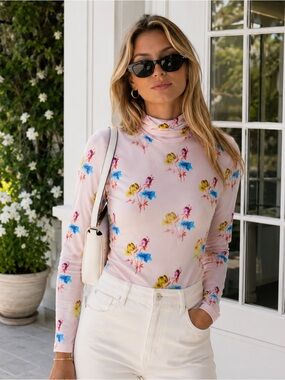 GANNI Printed Mesh Floral Turtleneck Top EU36/US4 Trendy Designer $195